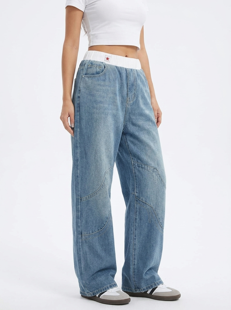 Elastic waist wide leg jeans for women