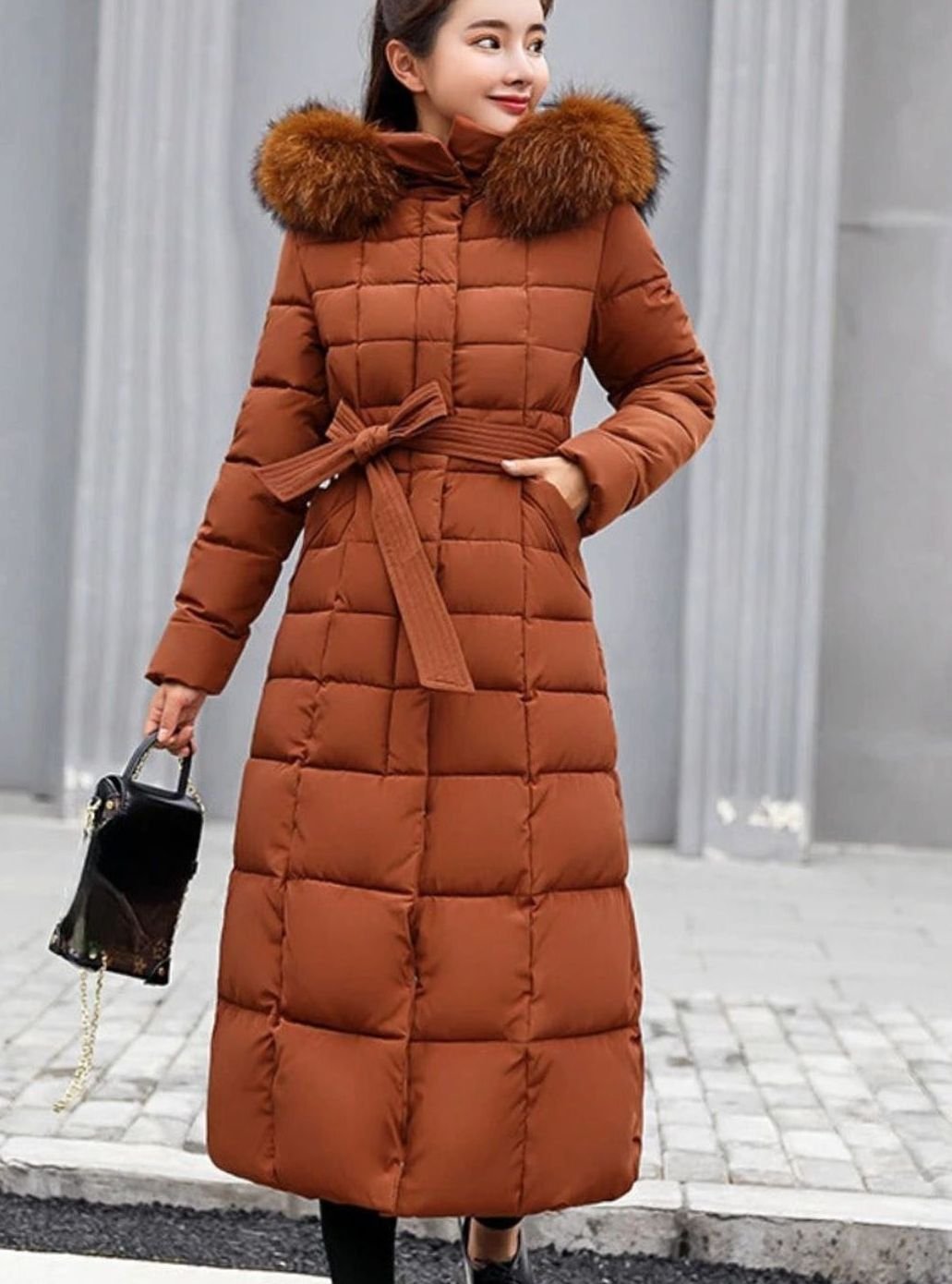 Long hooded puffer belted coat for women