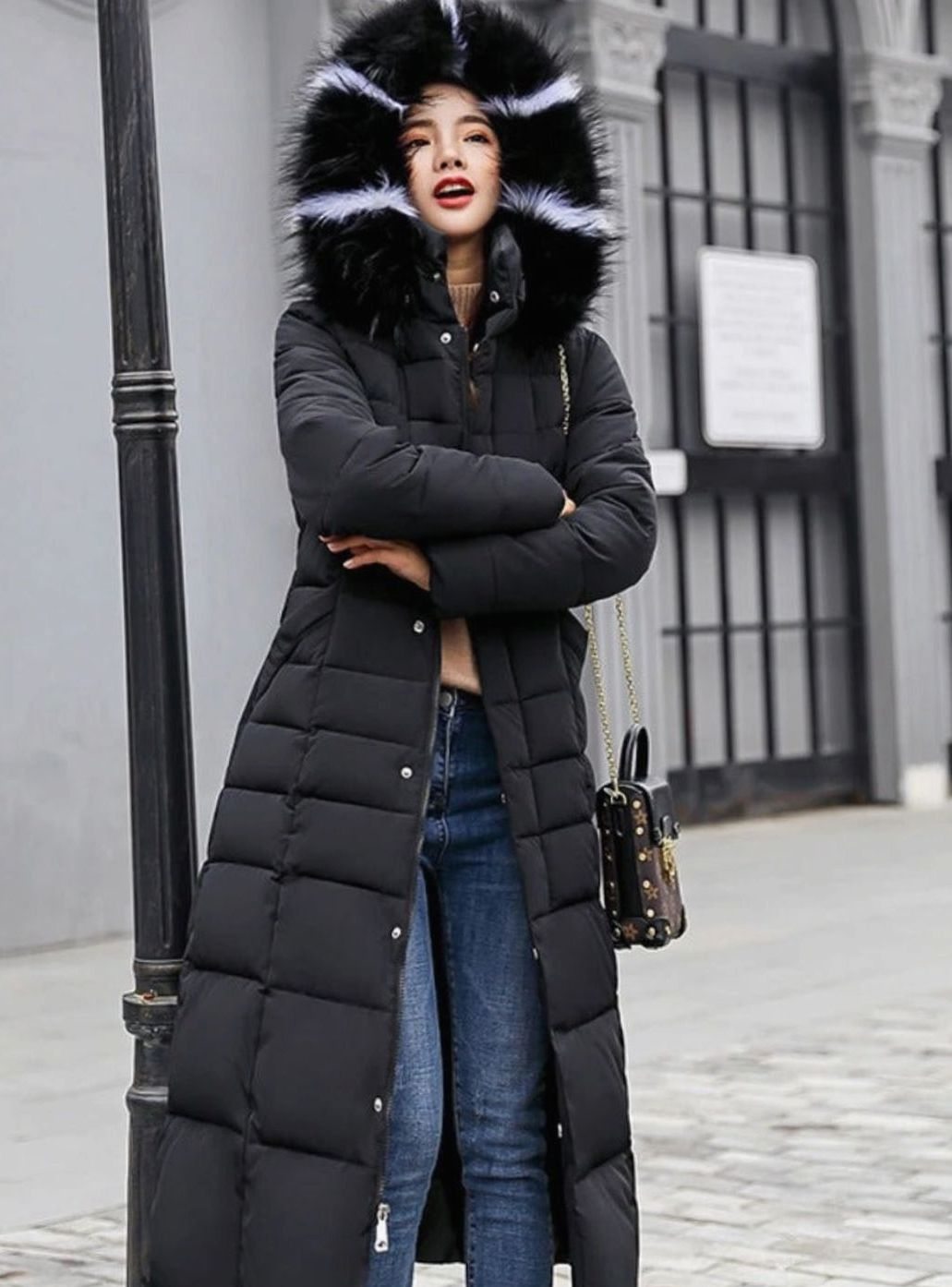 Long hooded puffer belted coat for women