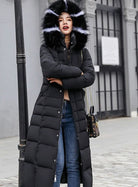 Long hooded puffer belted coat for women