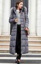 Long hooded puffer belted coat for women