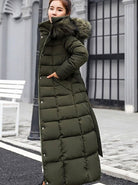 Long hooded puffer belted coat for women
