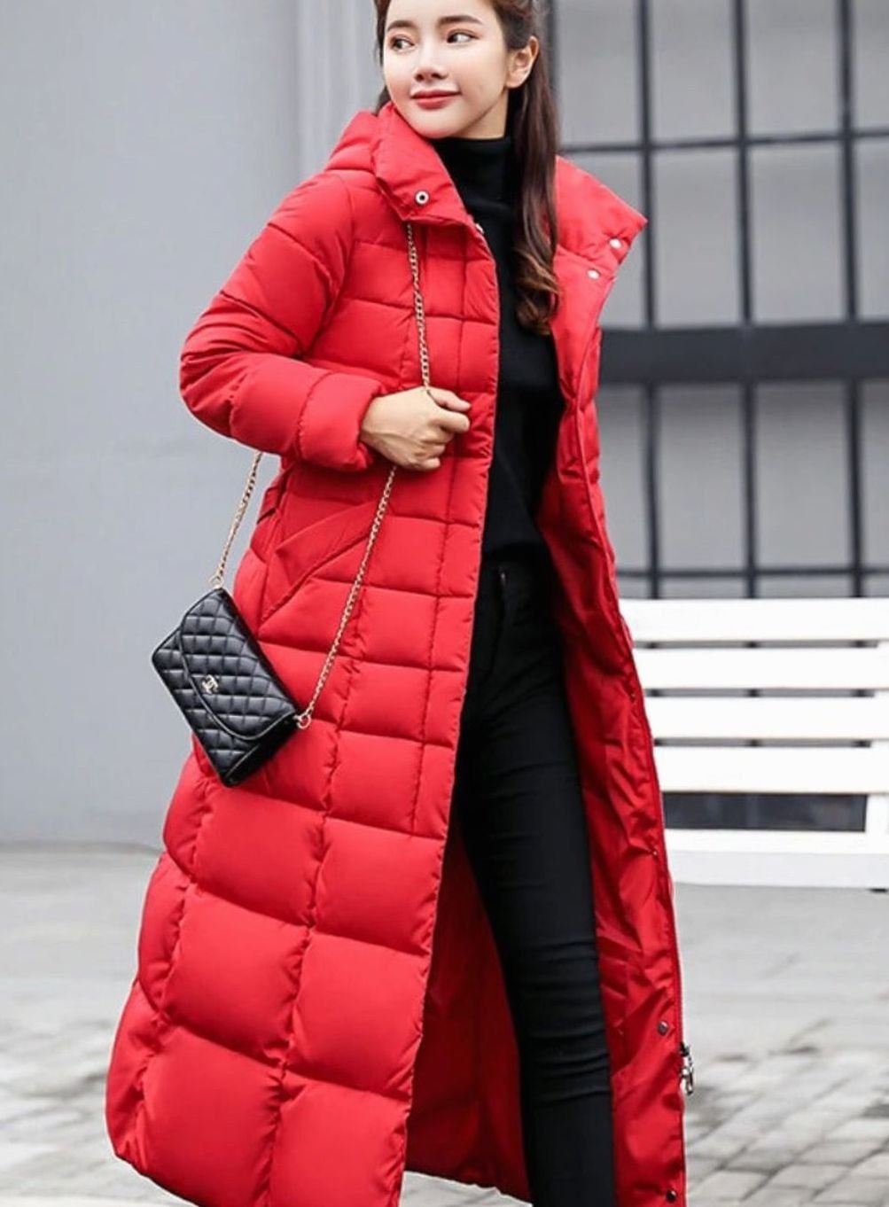 Long hooded puffer belted coat for women