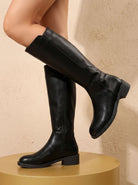 Black block heel zip-up knee-high riding boots for women