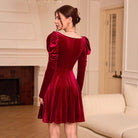 Burgundy velvet A-line dress with puff sleeves for women