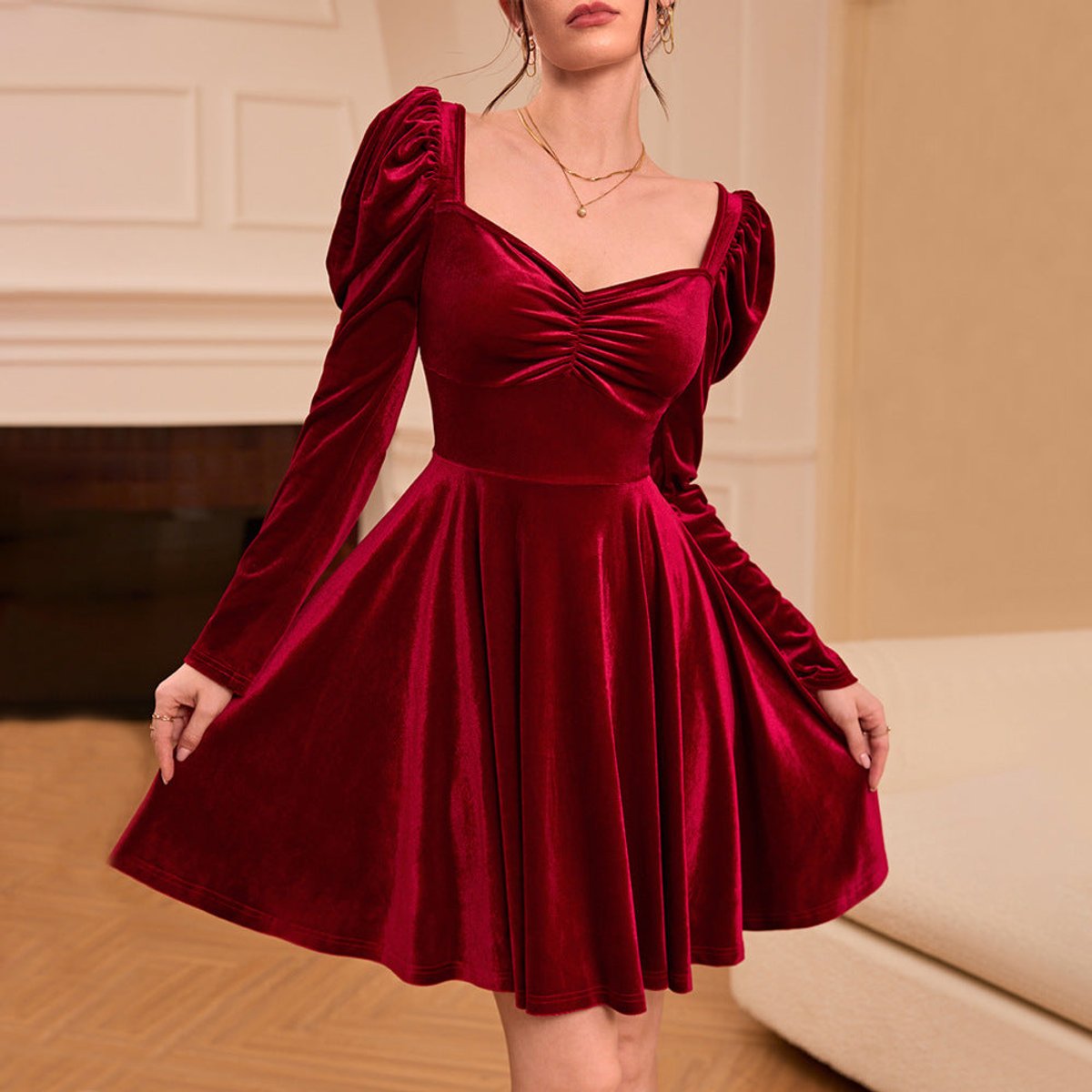 Burgundy velvet A-line dress with puff sleeves for women