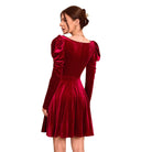 Burgundy velvet A-line dress with puff sleeves for women