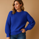 Cable-sleeve crew neck knitted sweater for women