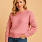 Cable-sleeve crew neck knitted sweater for women