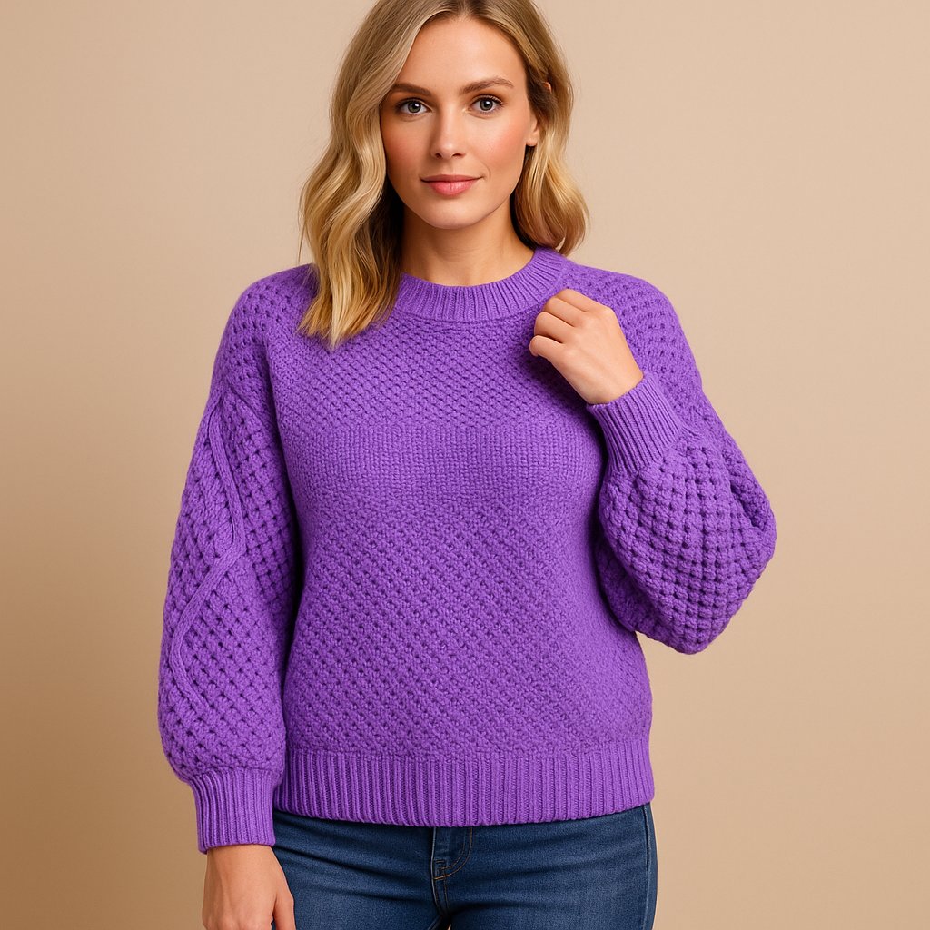 Cable-sleeve crew neck knitted sweater for women