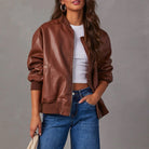 Faux leather bomber jacket for women in brown, cream or black