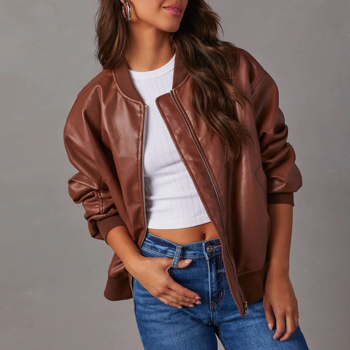 Faux leather bomber jacket for women in brown, cream or black