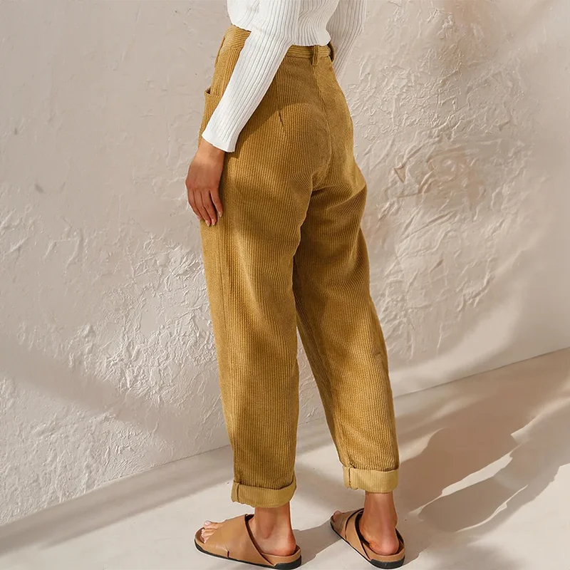 Pleated corduroy trousers for women