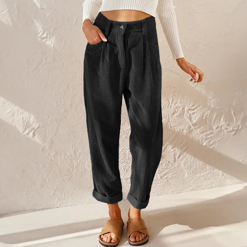 Pleated corduroy trousers for women