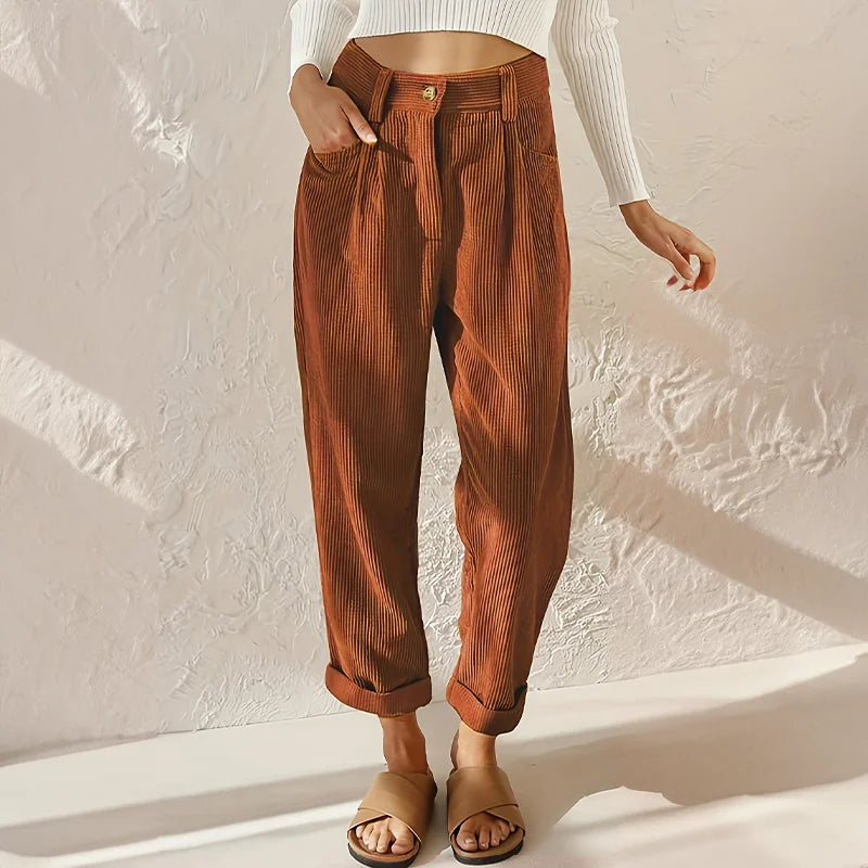 Pleated corduroy trousers for women