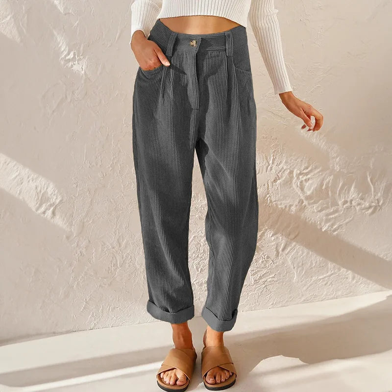 Pleated corduroy trousers for women