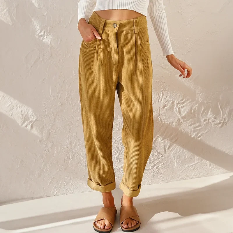 Pleated corduroy trousers for women