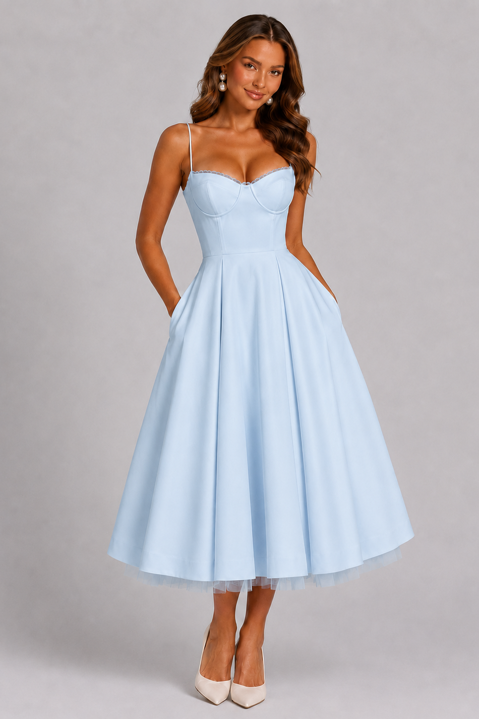 Vestido midi con corsé y escote corazón para mujer