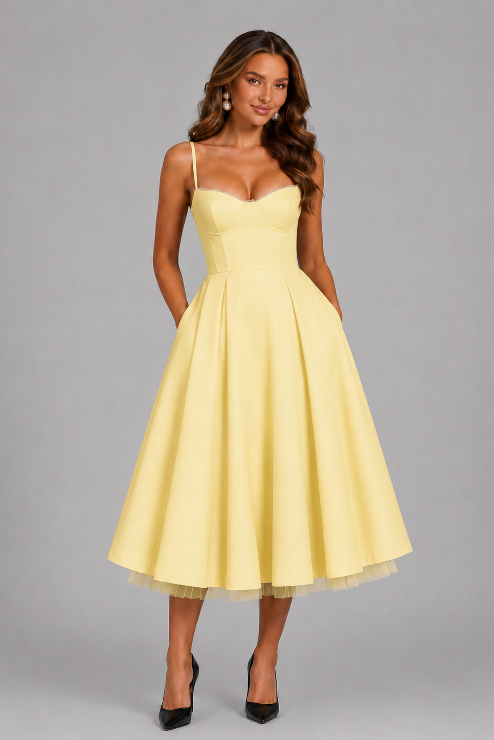 Vestido midi con corsé y escote corazón para mujer