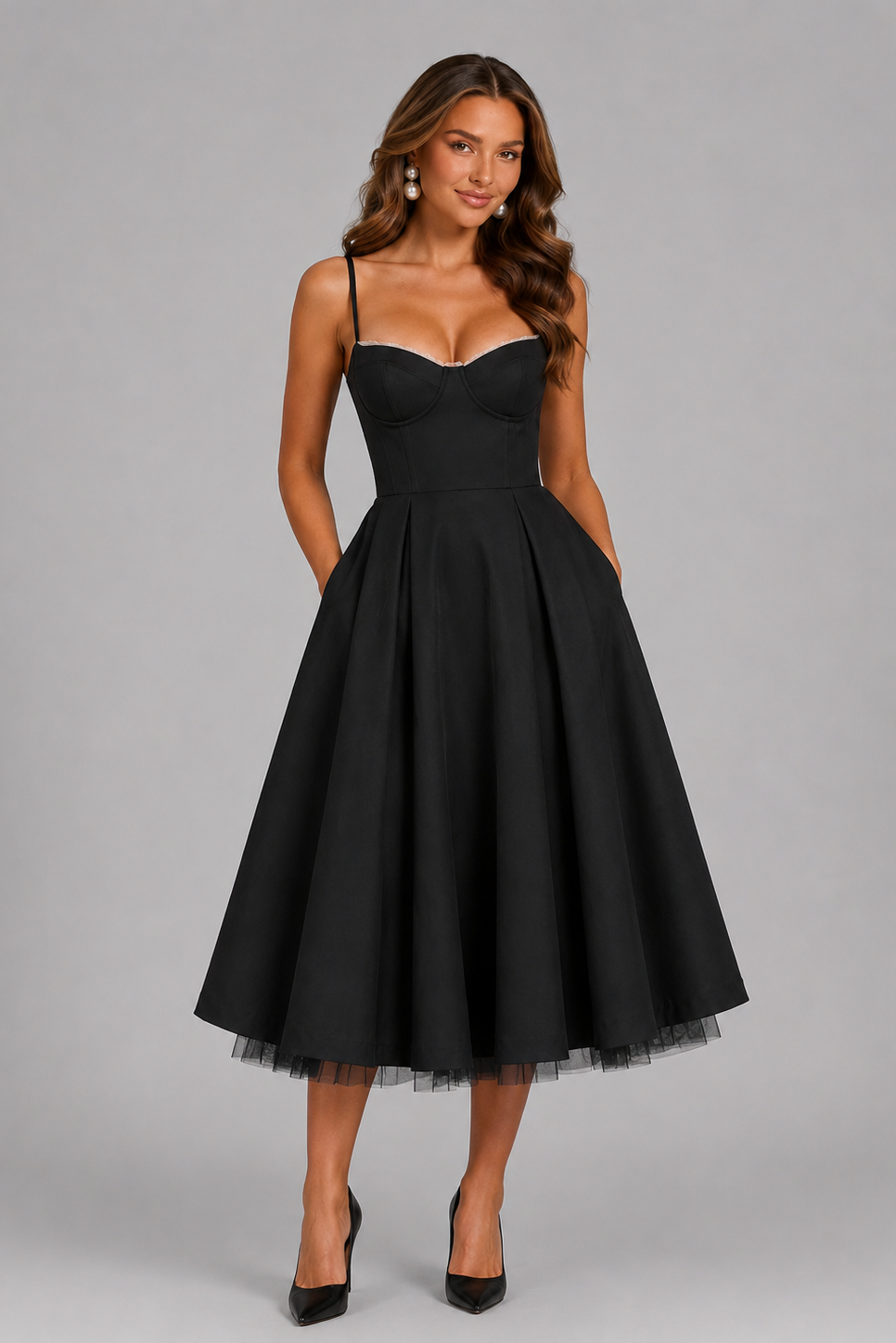 Vestido midi con corsé y escote corazón para mujer