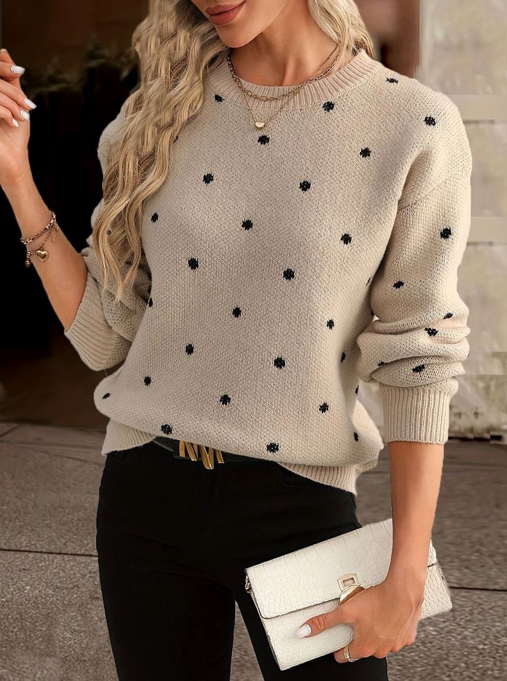 Polka dot knitted sweater for women