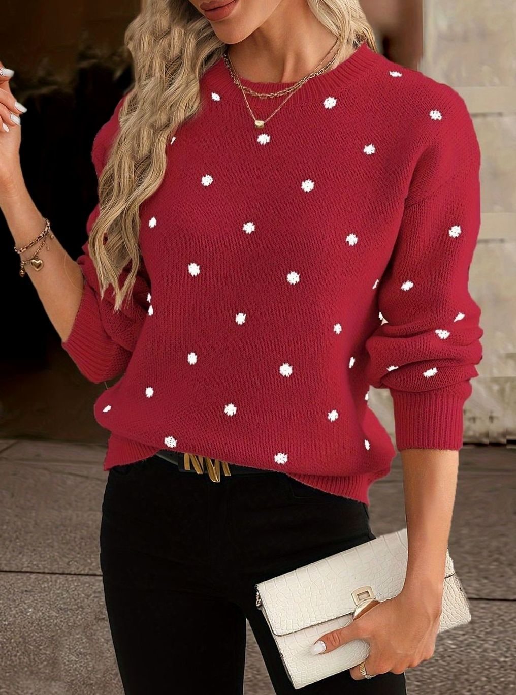 Polka dot knitted sweater for women