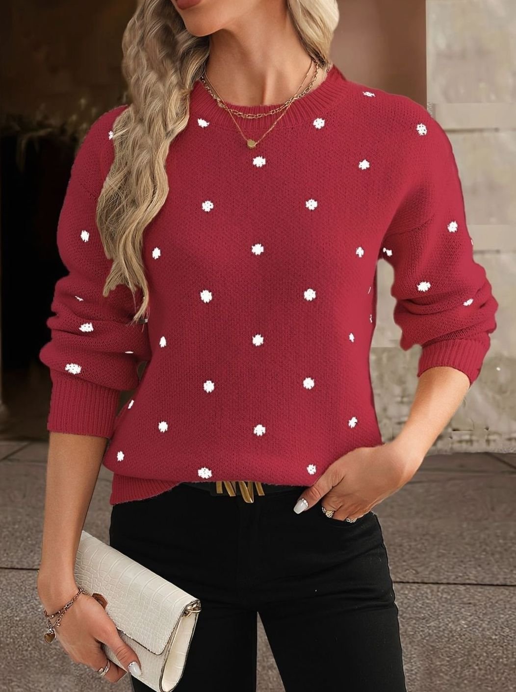 Polka dot knitted sweater for women