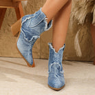 Pointed toe distressed denim ankle boots for women