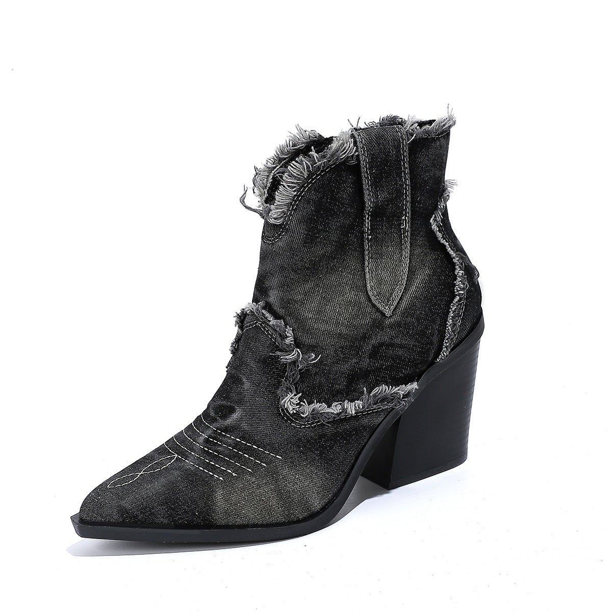 Pointed toe distressed denim ankle boots for women