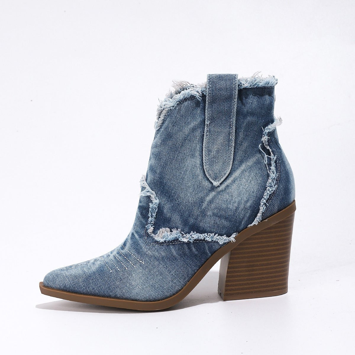 Pointed toe distressed denim ankle boots for women