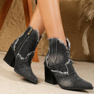 Pointed toe distressed denim ankle boots for women