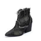 Pointed toe distressed denim ankle boots for women