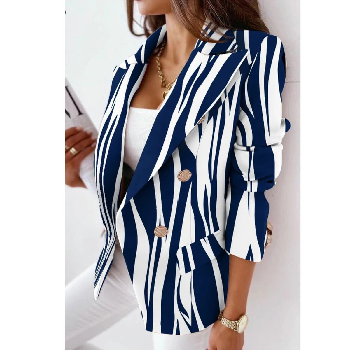 Abstract print double-breasted blazer in blue and white for women