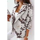 Abstract print double-breasted blazer in dark brown and white for women