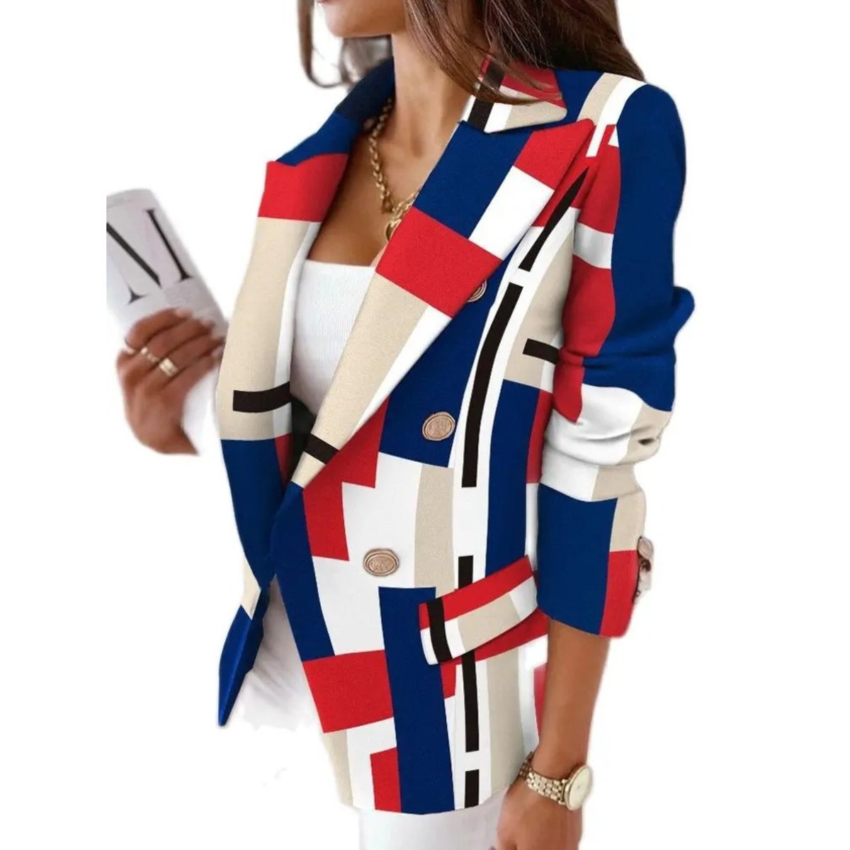 Abstract print double-breasted blazer in red and blue for women