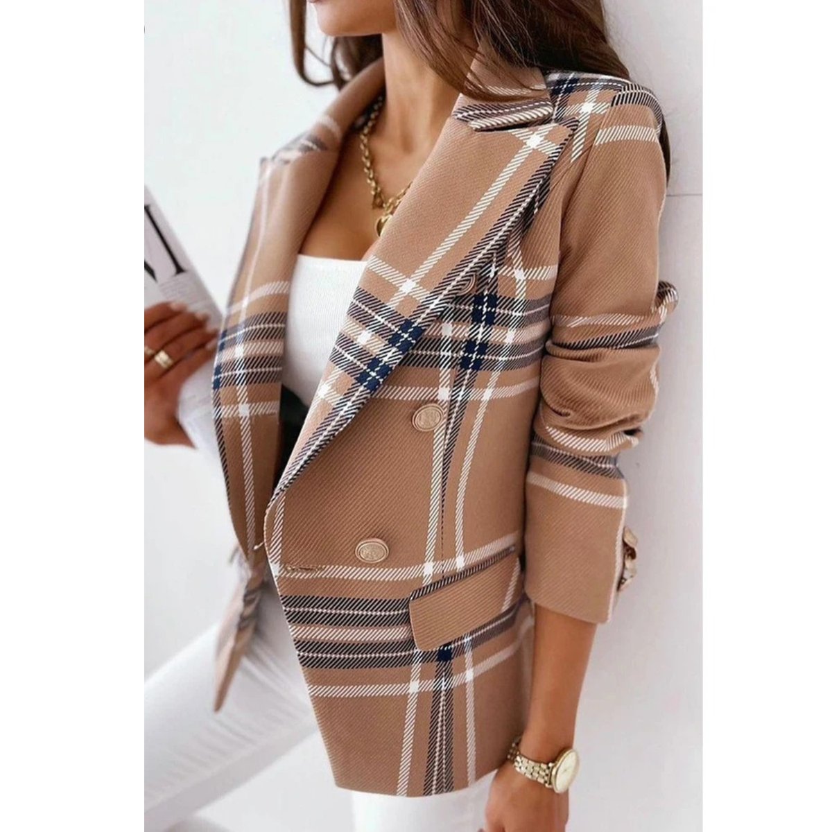 Abstract print double-breasted blazer in dark brown for women