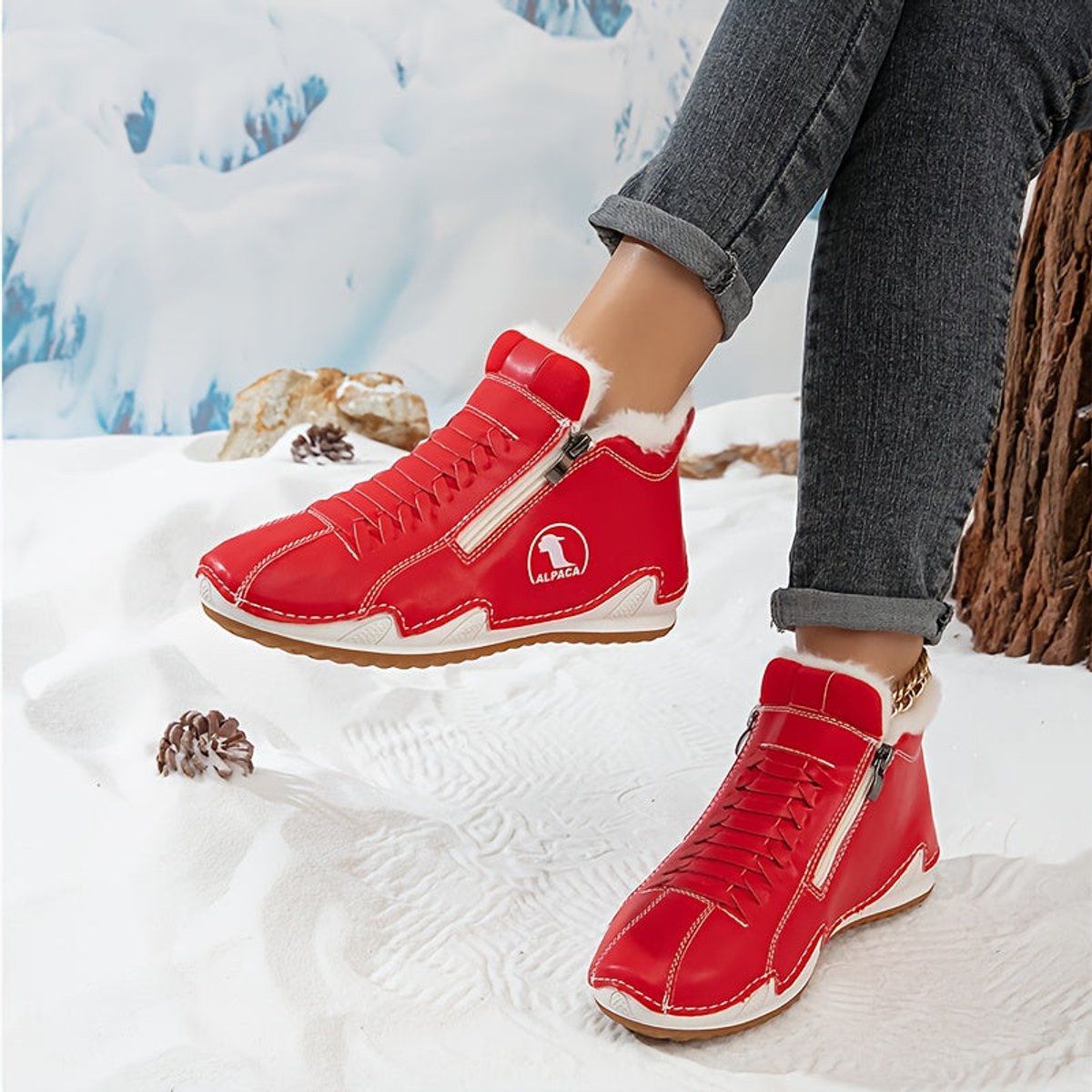 Side-zip plush-lined ankle snow boots for women