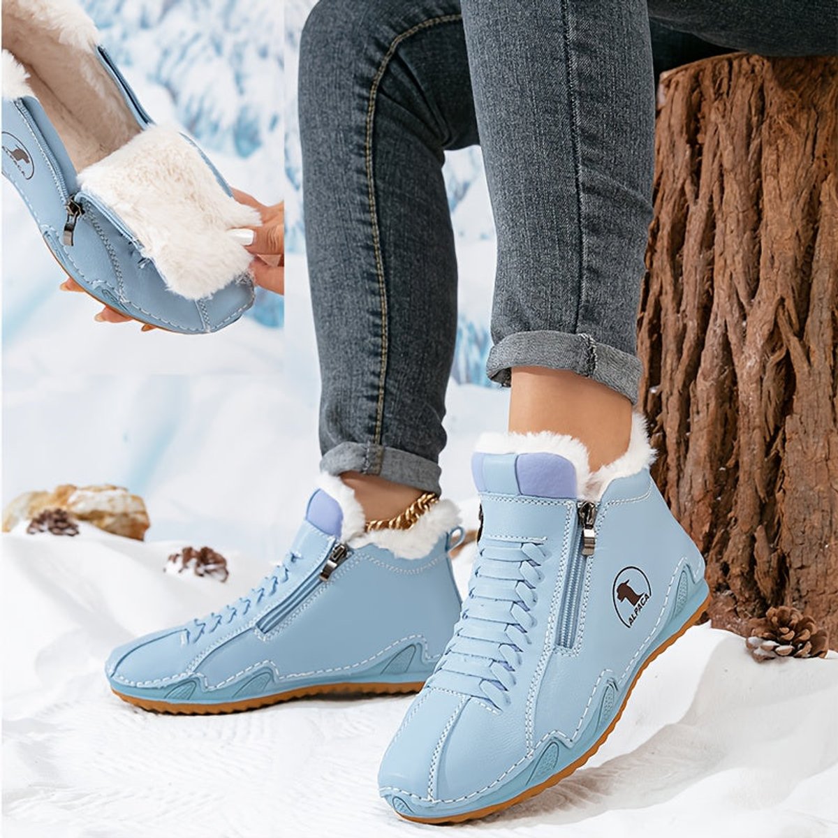 Side-zip plush-lined ankle snow boots in blue for women