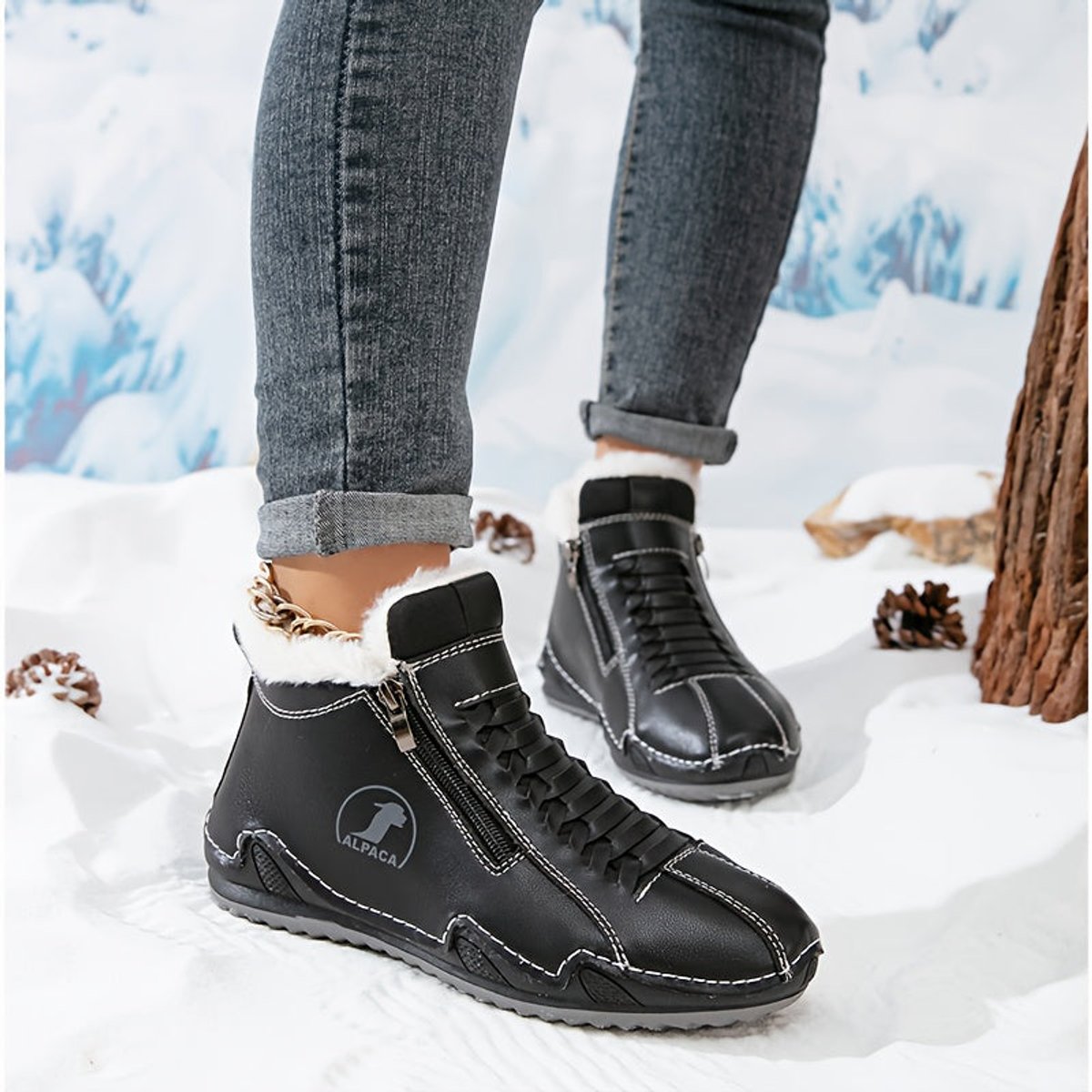 Side-zip plush-lined ankle snow boots for women