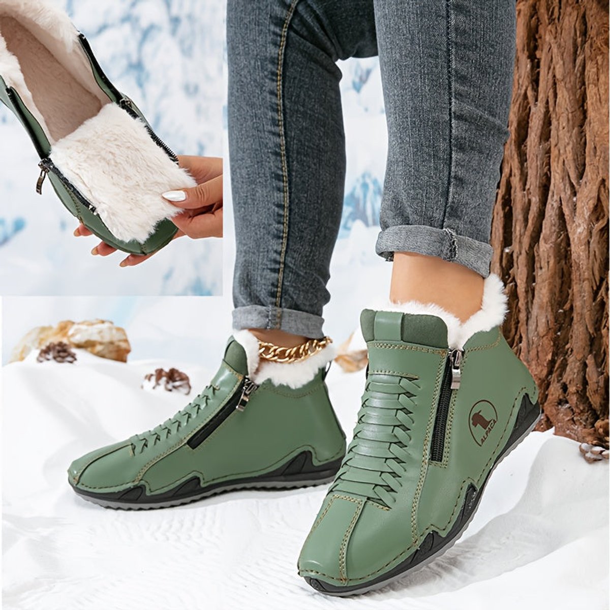 Side-zip plush-lined ankle snow boots in green for women