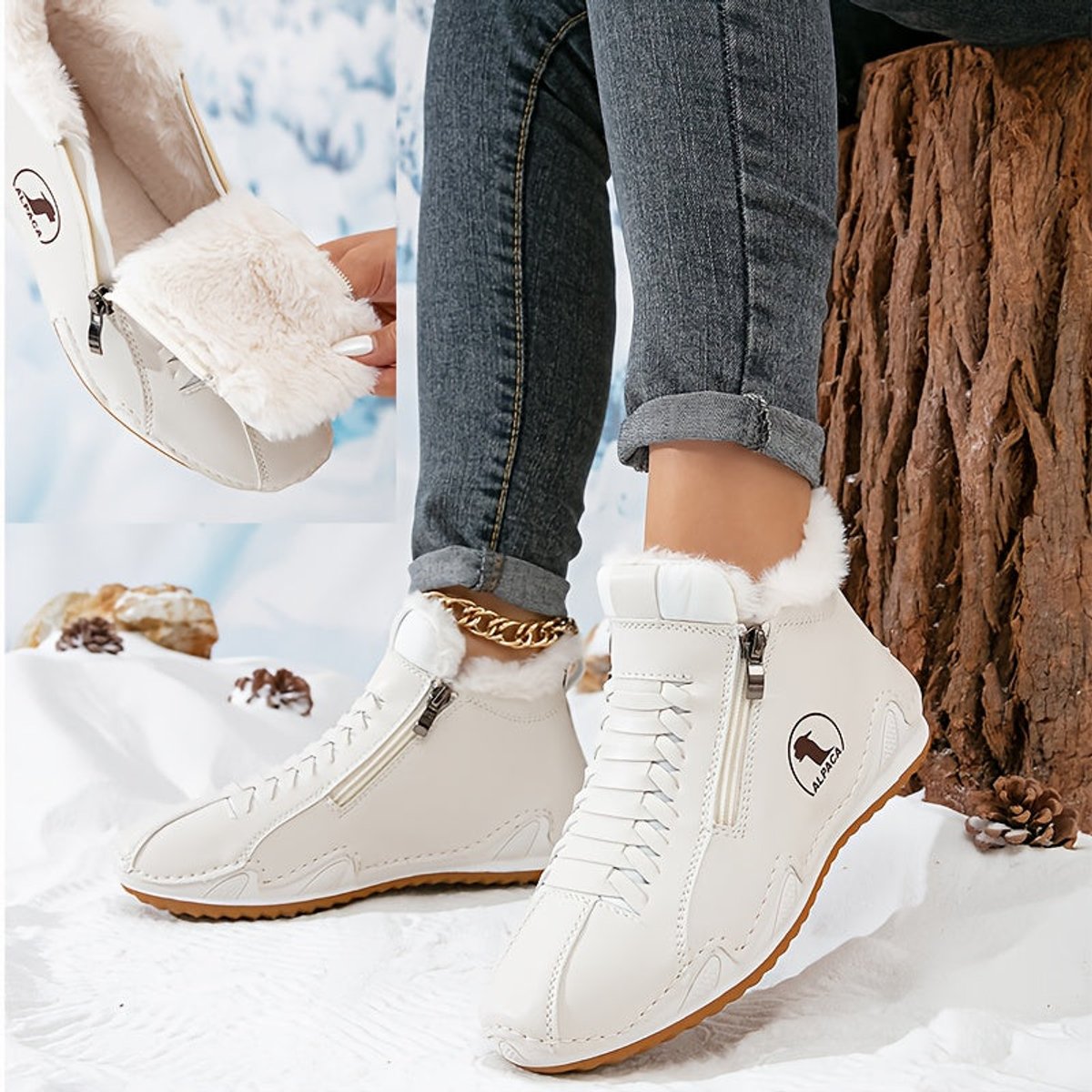 Side-zip plush-lined ankle snow boots in white for women
