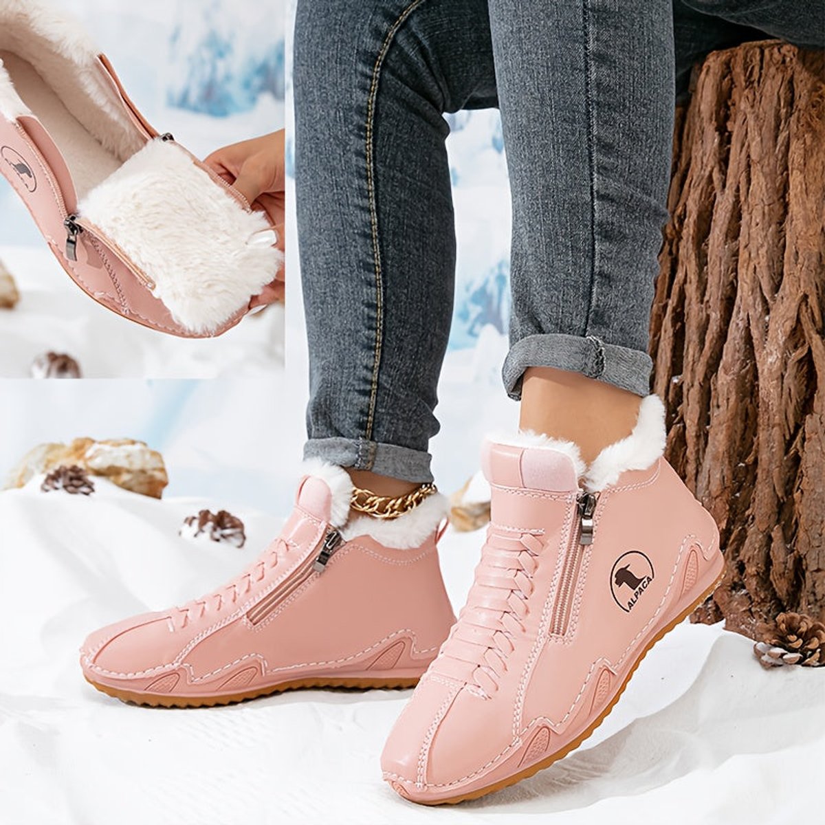 Side-zip plush-lined ankle snow boots for women