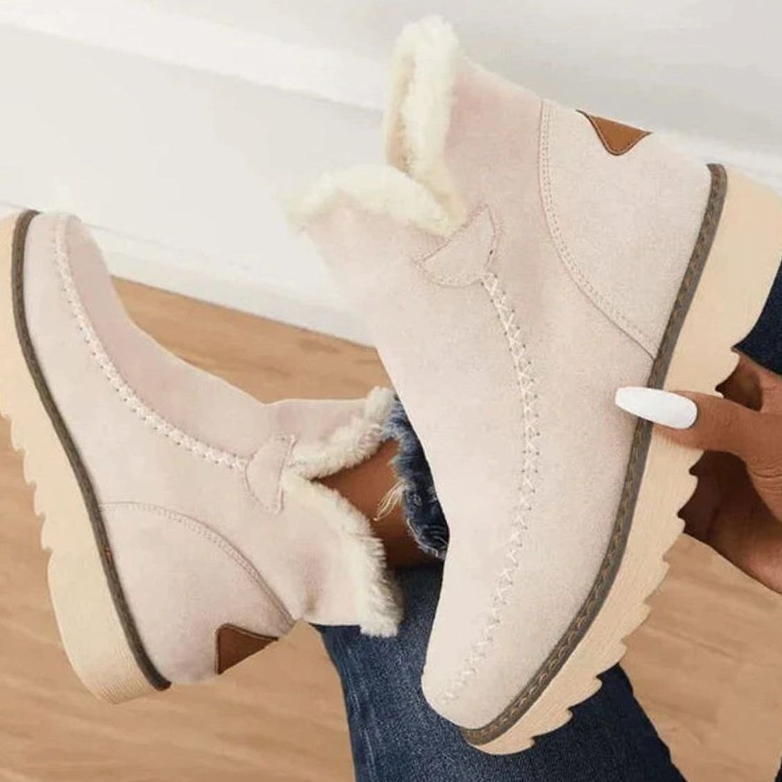 Slip-on plush-lined ankle snow boots in beige for women