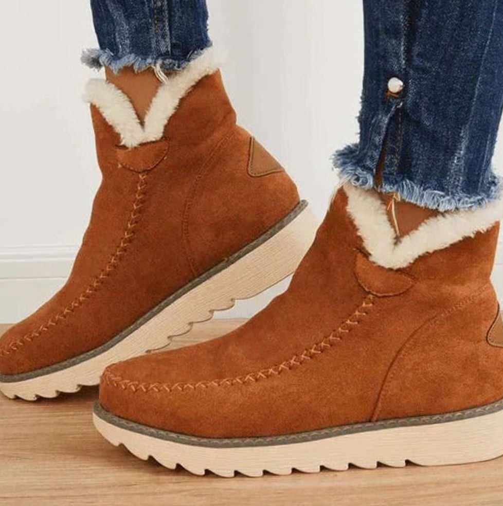 Slip-on plush-lined ankle snow boots in brown for women