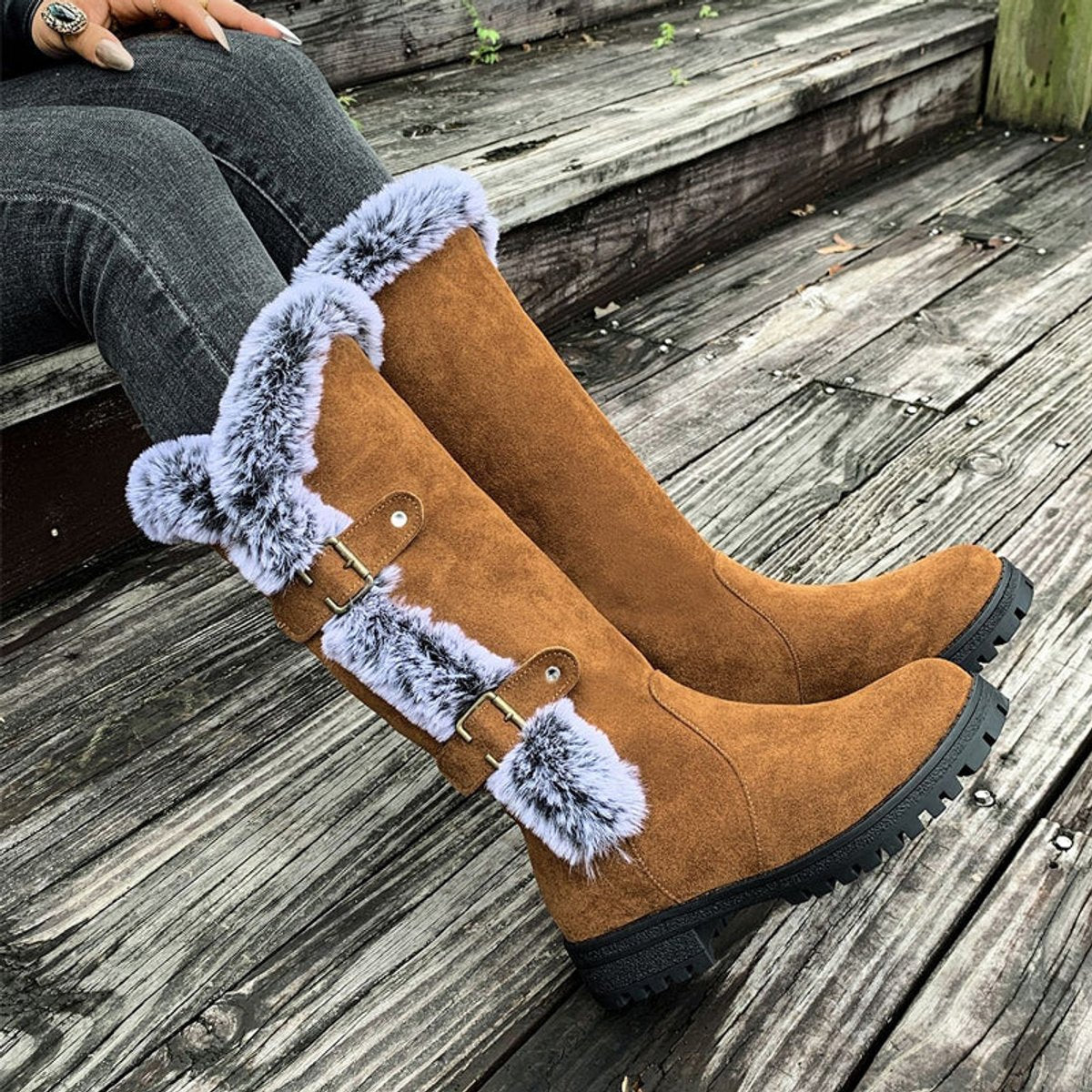 Fur trim knee-high boots in black, red or light brown for women