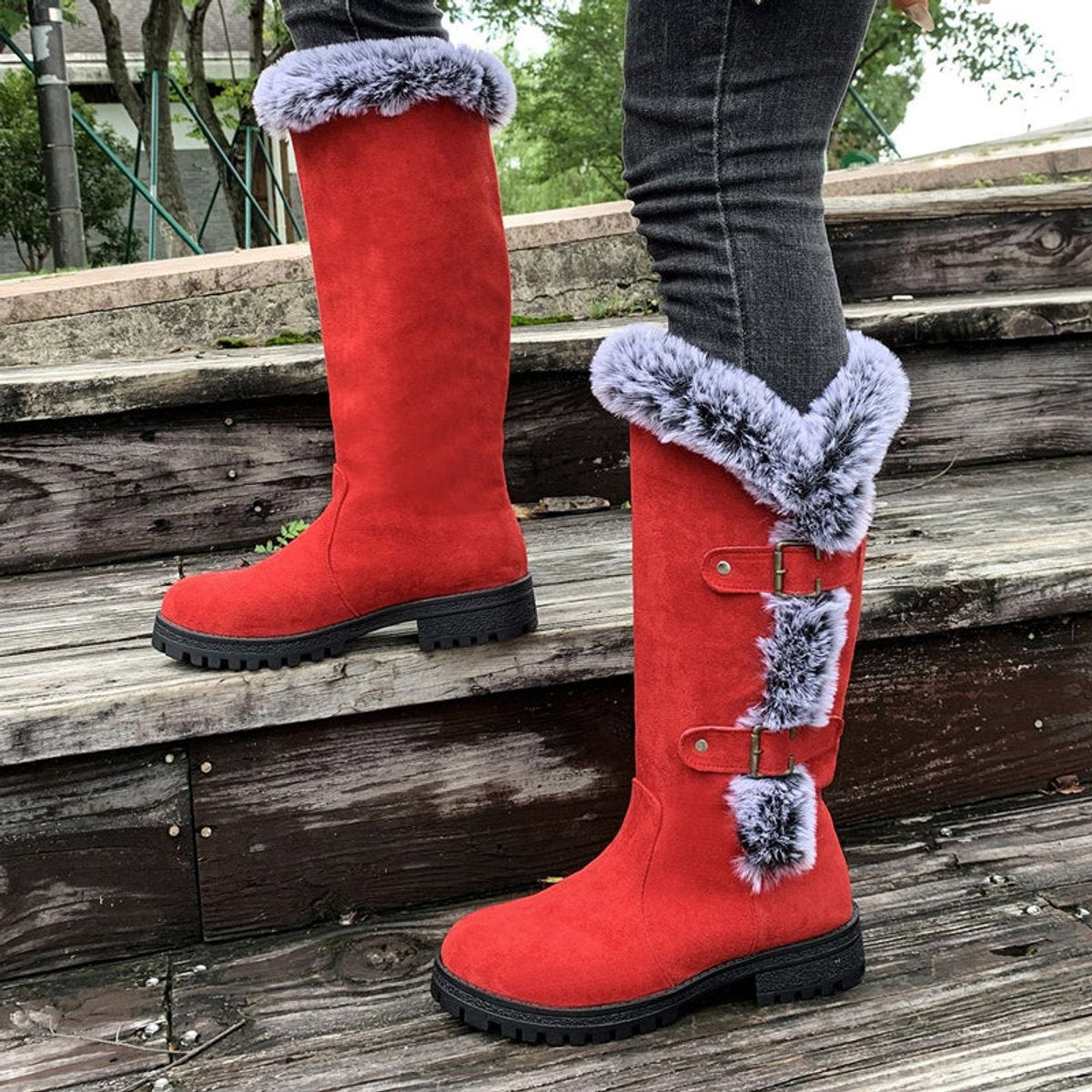 Fur trim knee-high boots in black, red or light brown for women