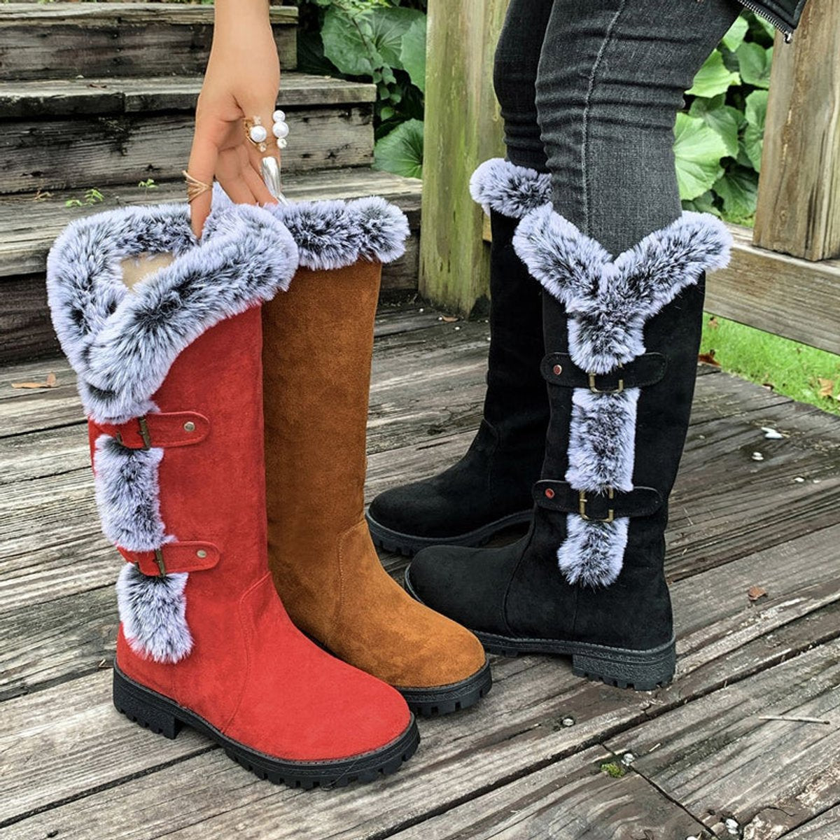 Fur trim knee-high boots in black, red or light brown for women