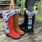 Fur trim knee-high boots in black, red or light brown for women