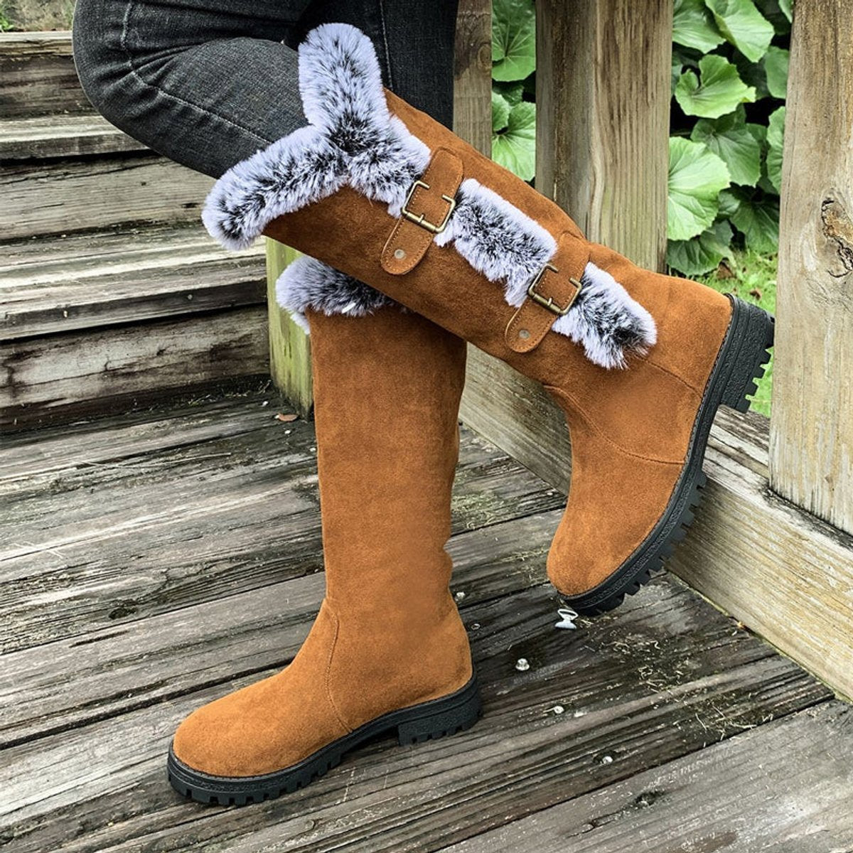 Fur trim knee-high boots in black, red or light brown for women