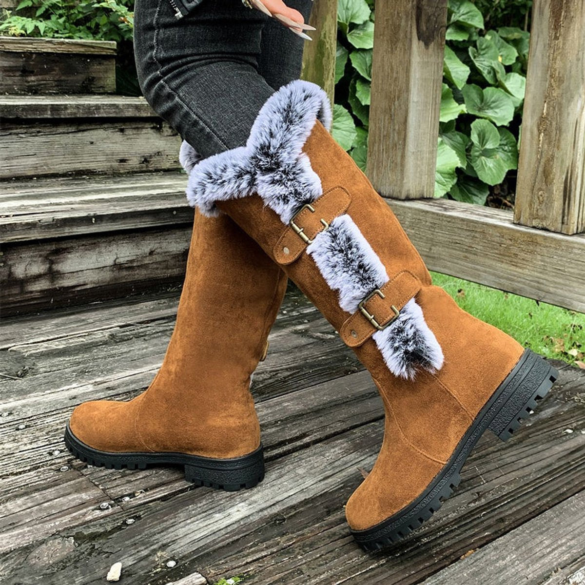 Fur trim knee-high boots in black, red or light brown for women